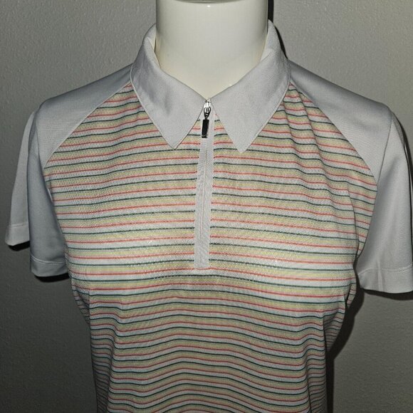 NIKE Golf Dri-Fit Womens Polo Shirt Size Medium 8-10 Striped Green Yellow White - Picture 2 of 10